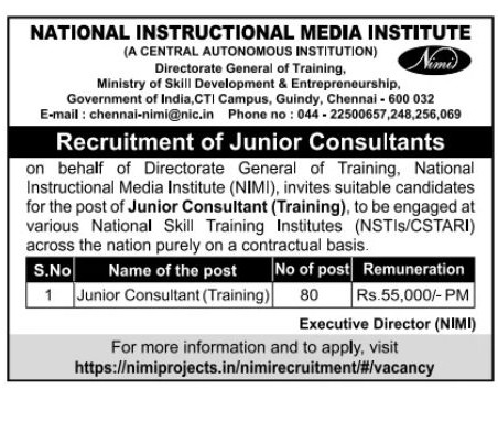 Advertisement for Engagement of Junior Consultants on contract basis in NSTIs/CSTARI